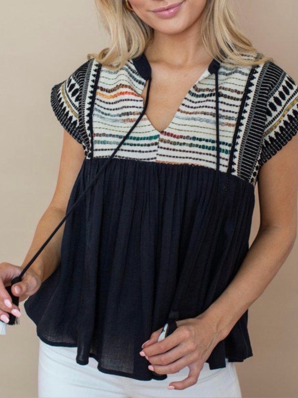 THML Black Peasant Top with Multicolor Embroidered Yoke